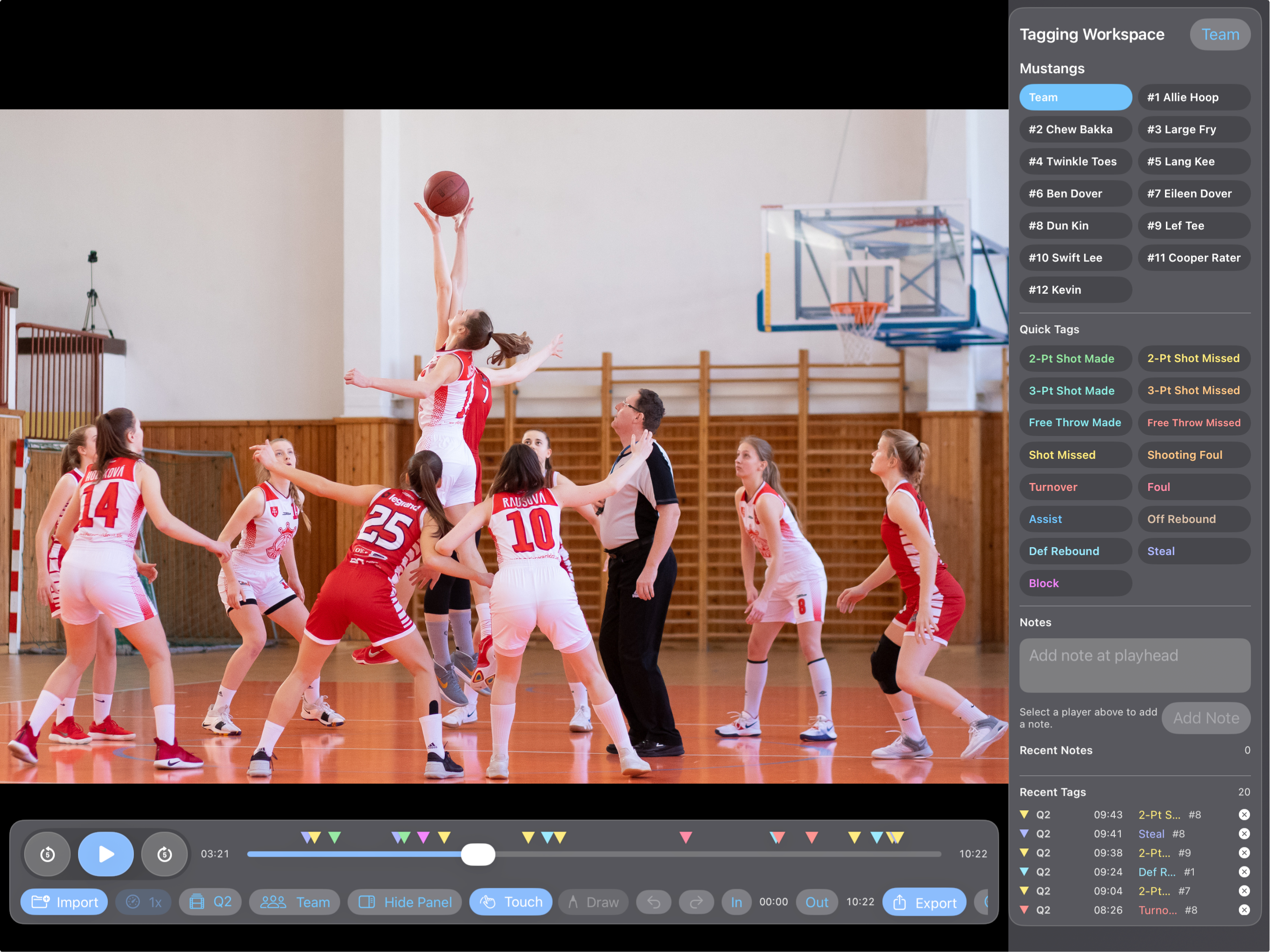 Postgame Vision tagging workspace with team and player tag panel